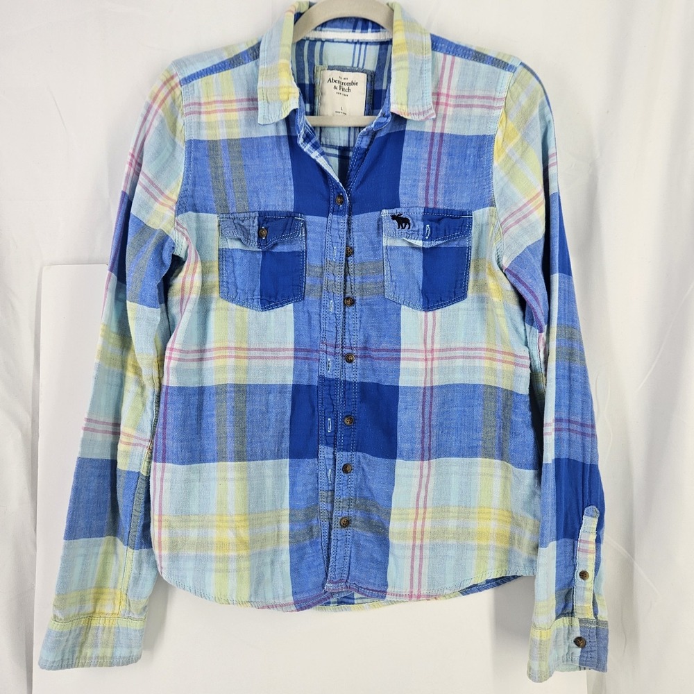 Abercrombie Jr's Girls Flannel Long Sleeve Shirt Blue Yellow Plaid Sz Lg Kids